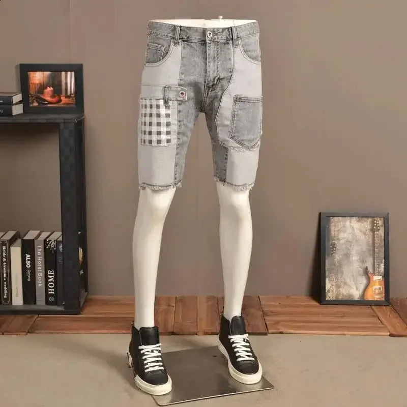 Short Jeans Pants for Men Bermuda Multi Color Embroidery Long Mens Denim Shorts Half Stretchable White Zipper Y2k Fashion Thin Xl 250210