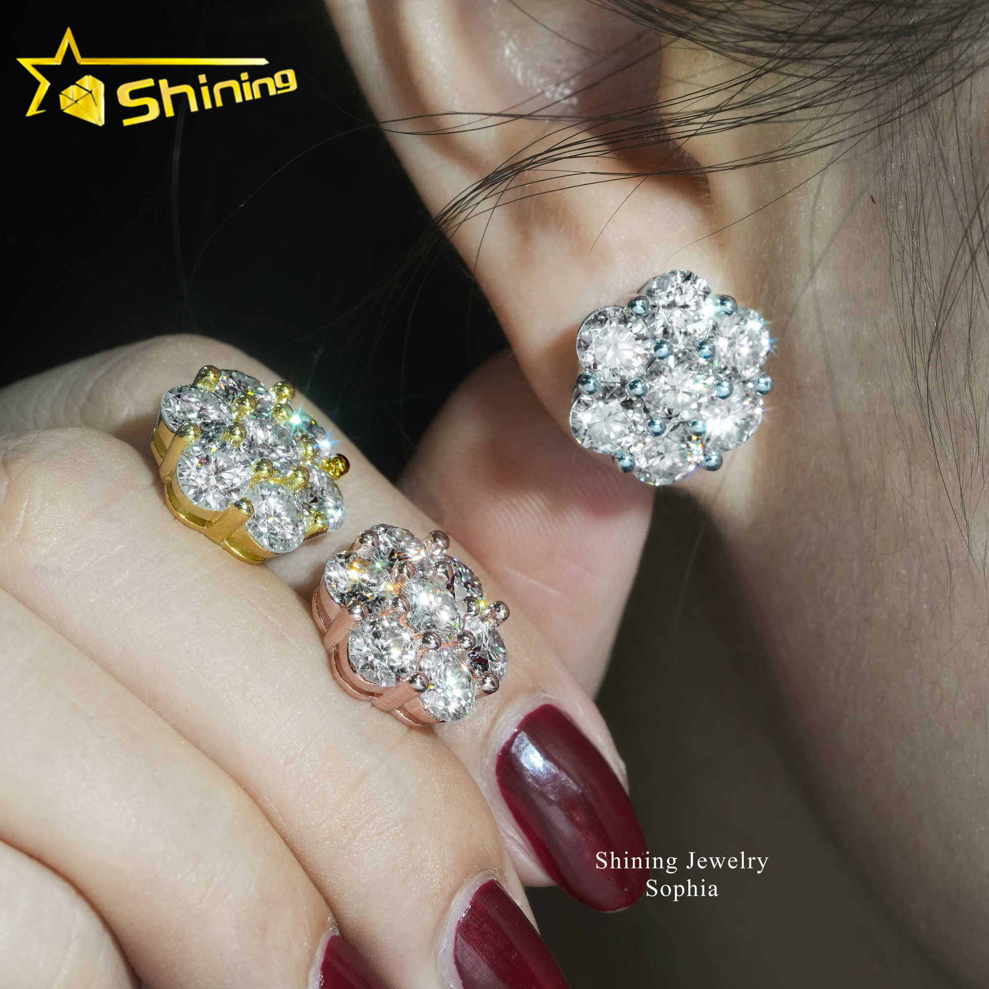 Shining Hot Top Selling Pass Diamond Tester Fine Jewelry 925 Silver 8mm 12mm 15mm Flower Earrings VVS Moissanite Stud Earrings