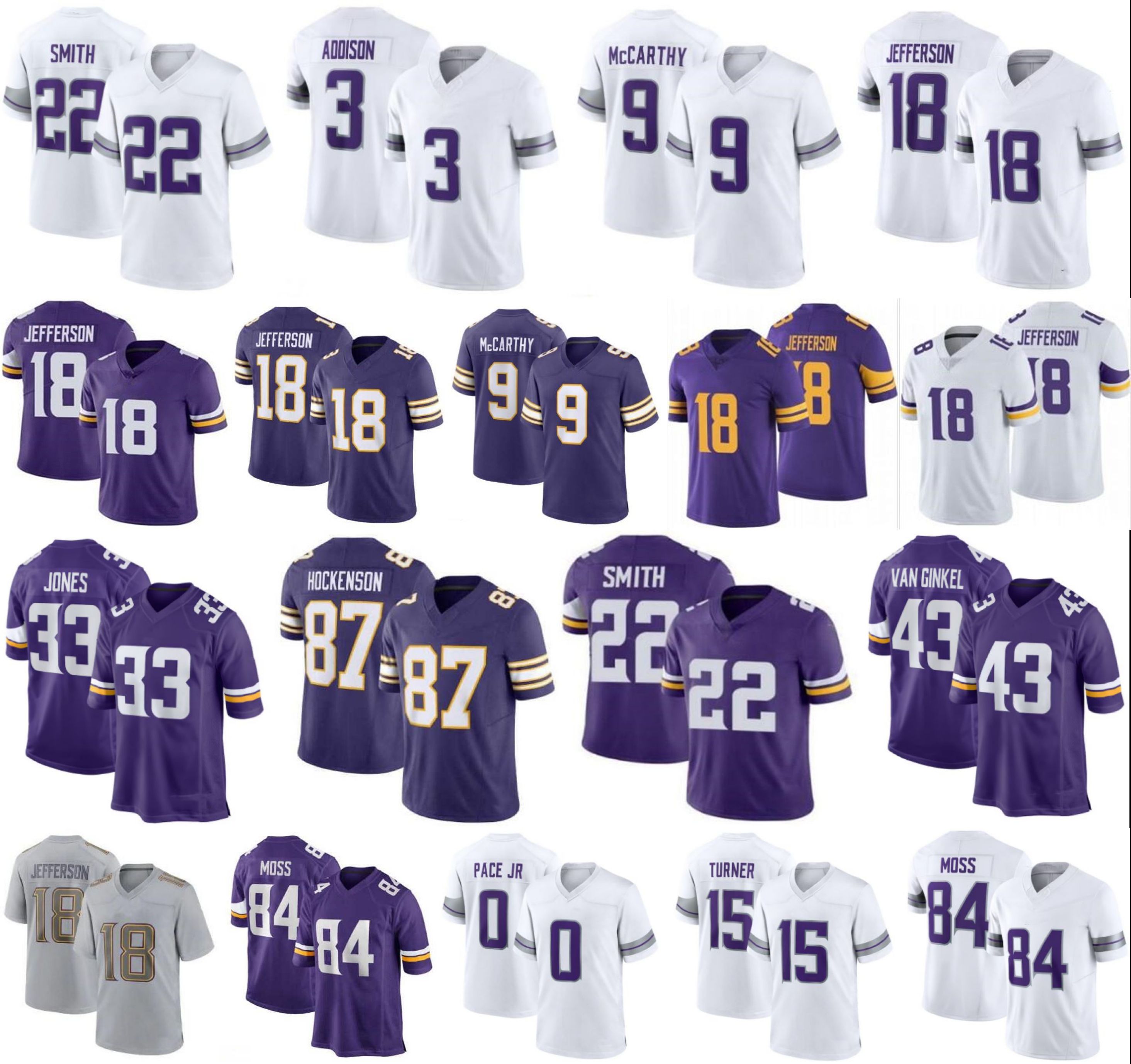 Justin Jefferson Football Jersey J.J. McCarthy Aaron Jones Addison Turner TJ Hockenson Harrison Smith Sam Darnold Randy Moss Van Ginkel Cris Carter Ivan Pace Jr
