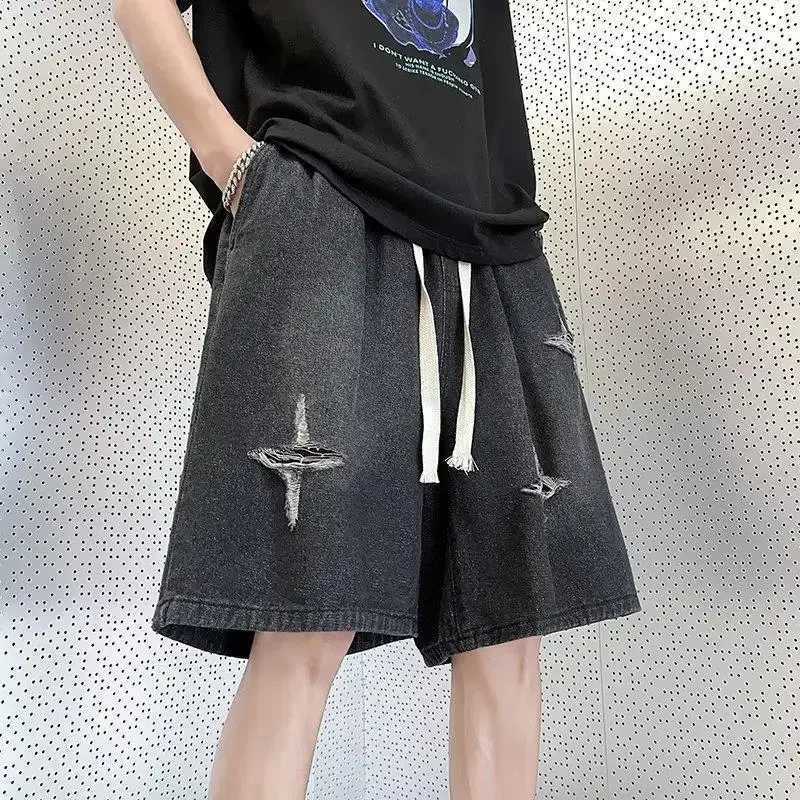 2023 Trendy Denim Shorts Mens Summer Style Star Pattern Holeed Jeans American Vintage Blue Pine Needle PrintedT250215