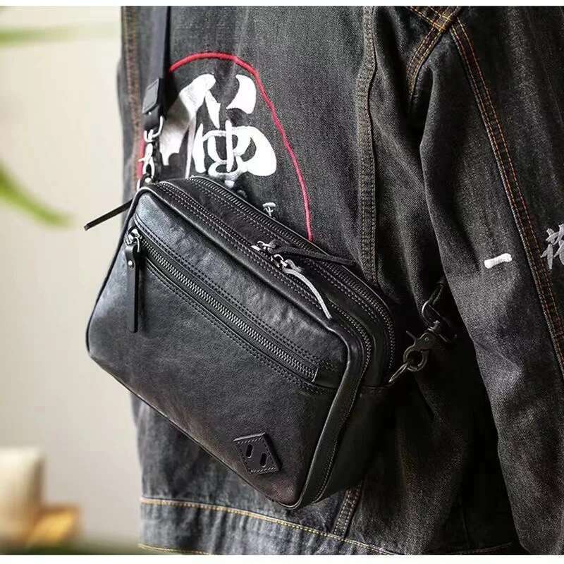 SENOFAN New Shoulder Man Genuine Cowhide Leather Leisure Crossbody Messenger Bag Male Japanese Style Double-Deck Pocket