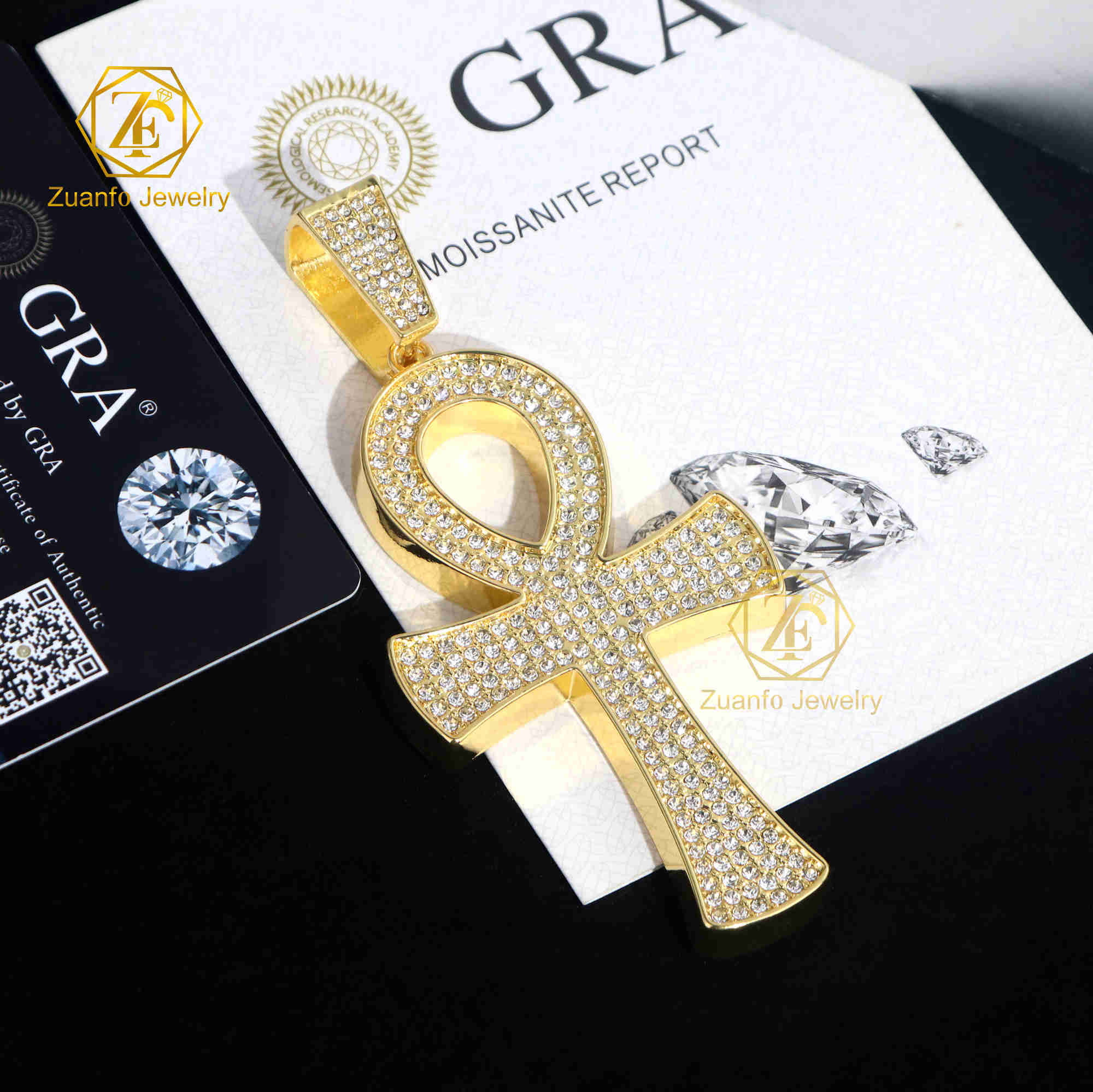 Hiphop Jewelry VVS Diamond Mens Womens 925 Sterling Silver Moissanite Cross Pendant Gold-Plated GRA Certified Perfect Gift