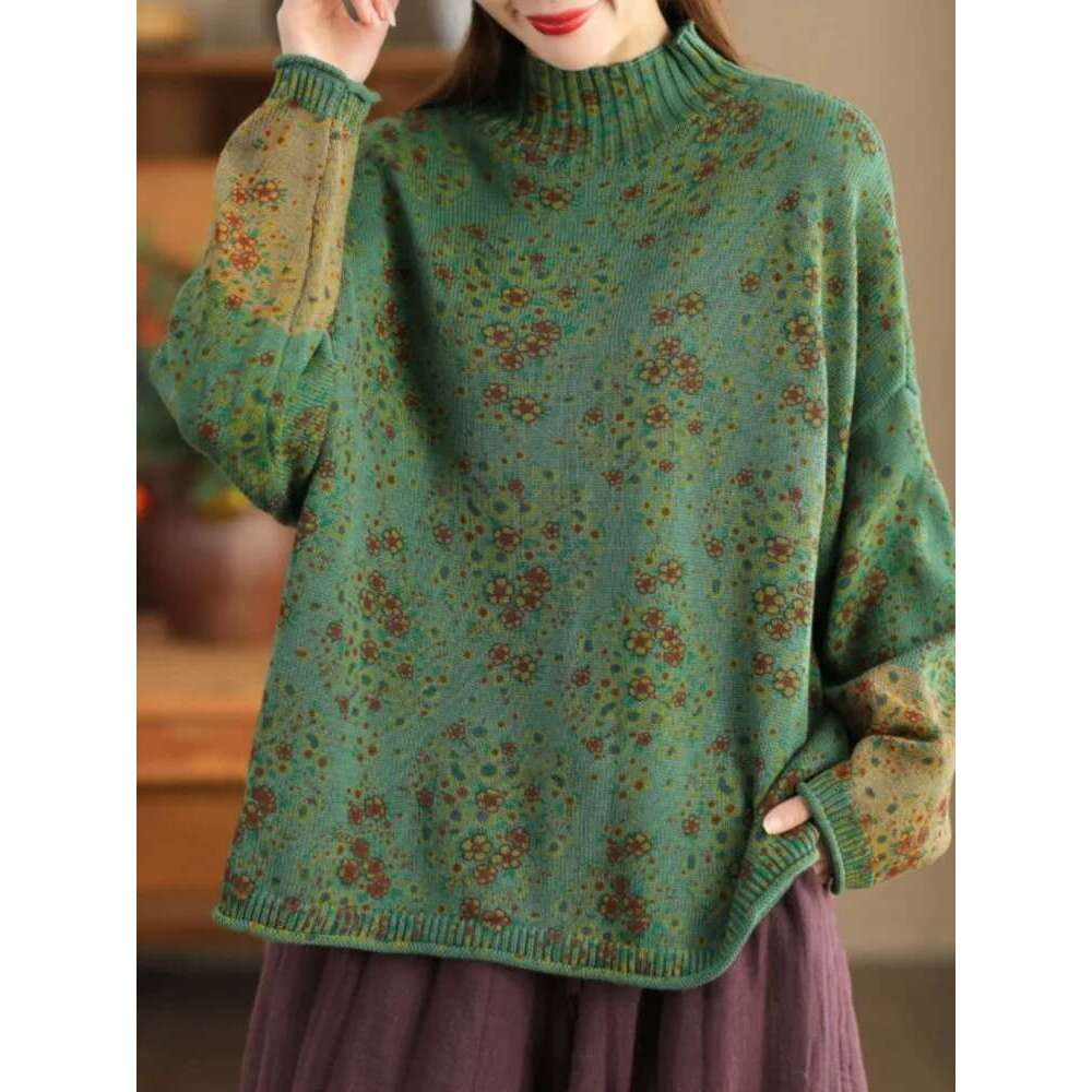 Pullover Mock Neck Long Sleeve Patchwork Print Ral 2024 Spring New Knitted Cotton Women Sweaters