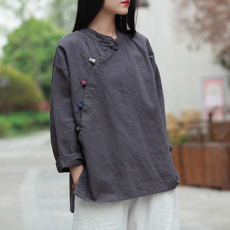 Women Vintage Cotton En And Tops Stand Long Sleeve 2025 Spring New Chinese Style Button Loose Blouses Shirts