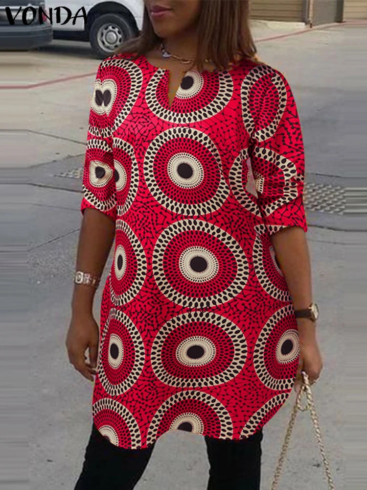 Plus Size 5XL VONDA Women Blouse V-Neck Vintage Printed Shirts Elegant 3/4 Sleeve Casual Loose Tops Oversized Blouses 250210