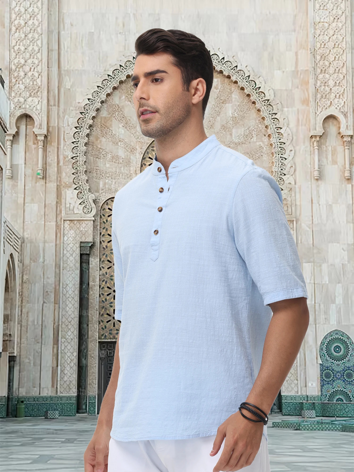 Mens Breathable Cotton Short Sleeve Shirts Solid Color Stand-Up Collar Tops Hawaii Beach Henley Shirts 250213