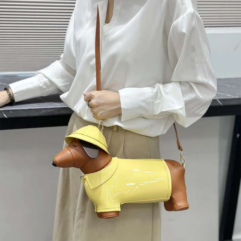 Brand Cute Dahund Genuine Leather Yellow Hat Brown Puppy New Origina Shoulder Crossbody High-End Creative Lady Bag