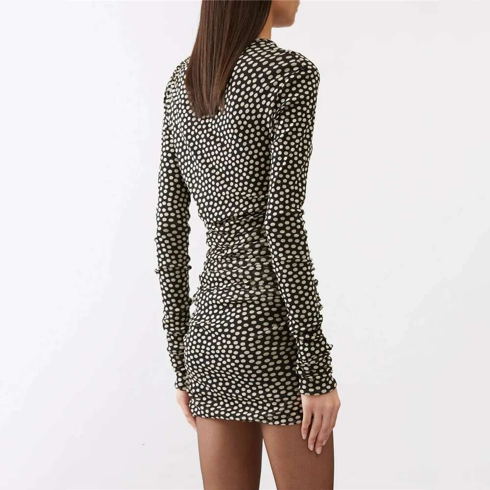 2025 Spring And Summer New Women's Dress Y2k High Quality Mesh Yarn Polka Dot Pleated Slim Peplum Round Neck Long Sleeve Dresses