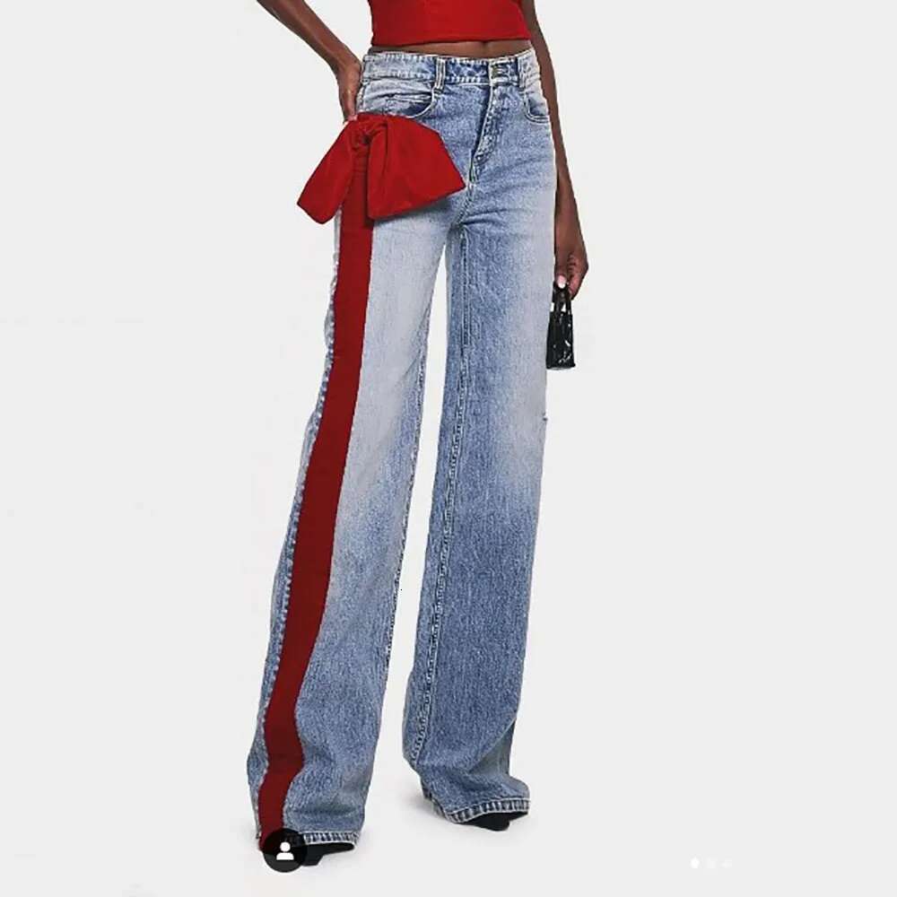 Veet Webbing Splicing Women's Straight Pants Y2k Vintage Washed Commuter Cotton High Waist Jeans 2025 Early Spring New