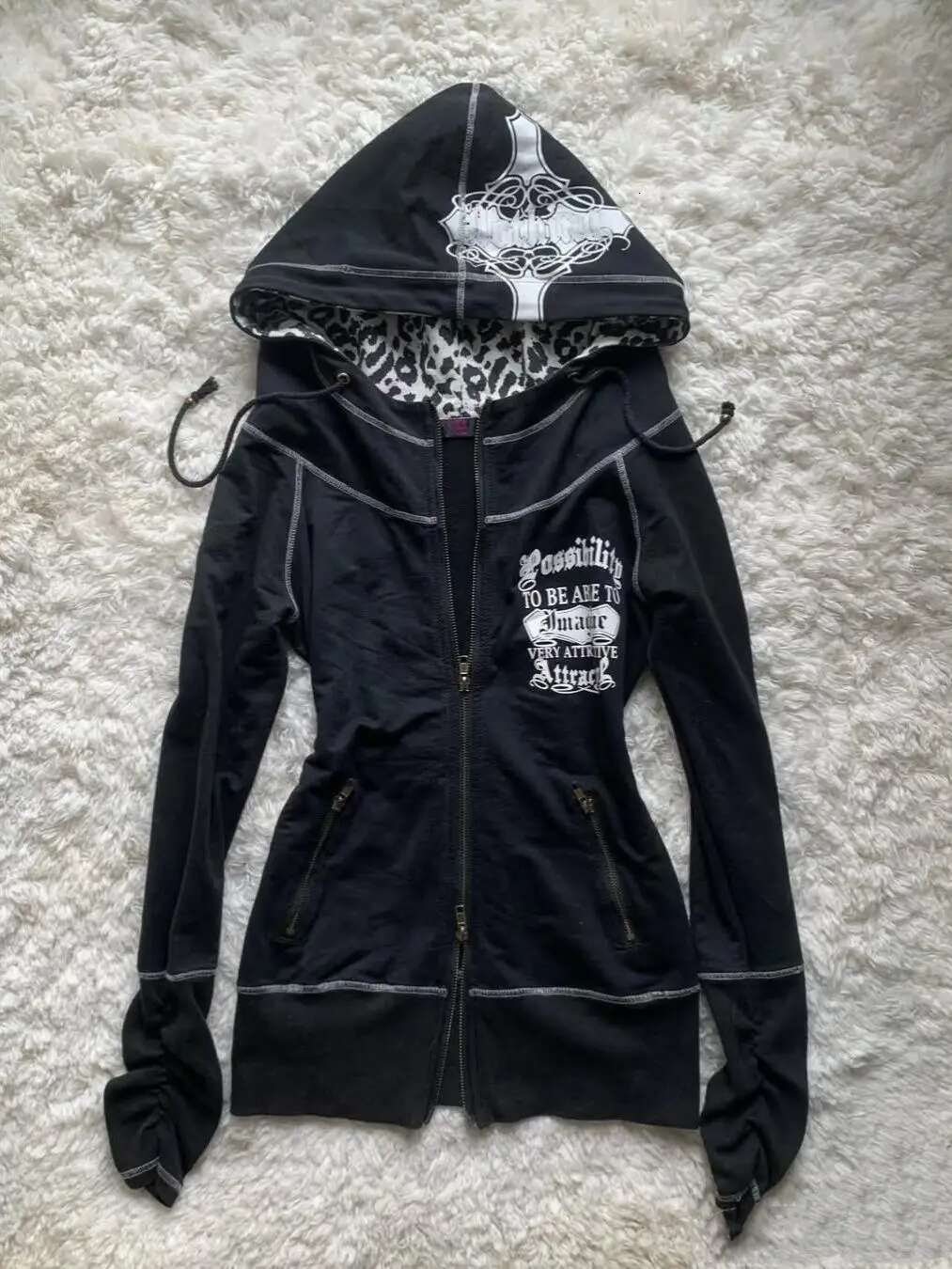 Slim Fit Spicy Girl Vintage Versatile Leopard Printed Black Sweatshirts Gothic Haruku Autumn/winter Cardigans Kawaii Clothes