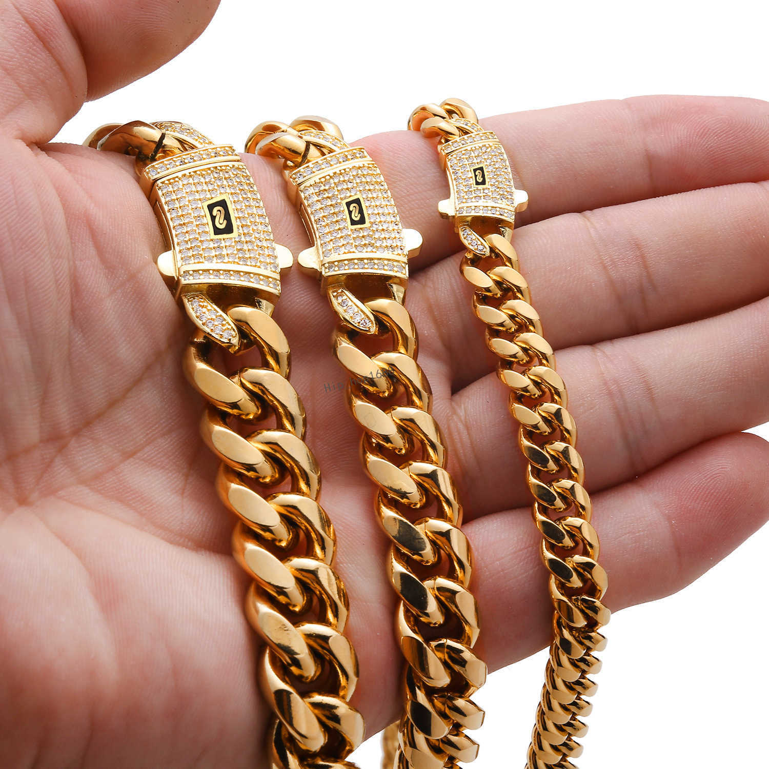 Hip Hop 12-14mm Width Stainless Steel Cuban Chain Lock Mirco Rhinestone Gold Chain for Mens 18k Gold Cuban Link Necklace