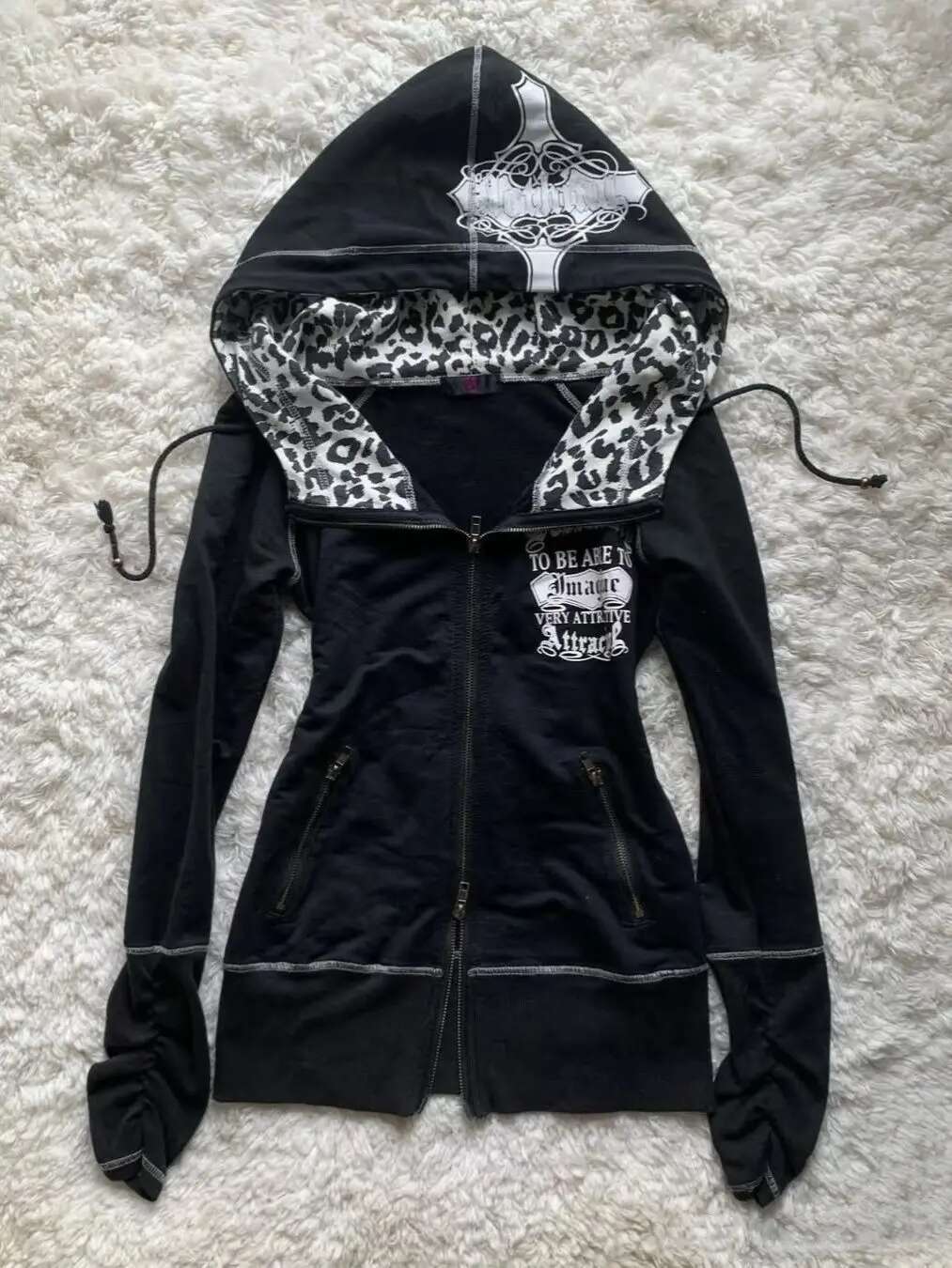 Slim Fit Spicy Girl Vintage Versatile Leopard Printed Black Sweatshirts Gothic Haruku Autumn/winter Cardigans Kawaii Clothes