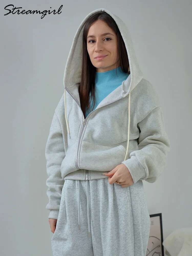Streamgirl Short Zipper Oversized Jackets 2024 Spring Gray Sweatshirts With Hood Cotton Women Korean Hoodies Tops