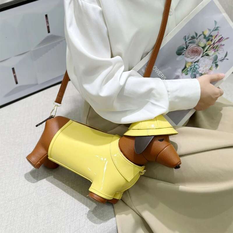 Brand Cute Dahund Genuine Leather Yellow Hat Brown Puppy New Origina Shoulder Crossbody High-End Creative Lady Bag