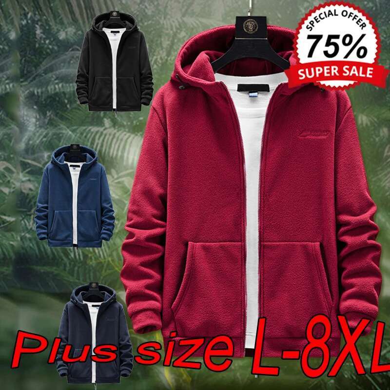 L-8XL Men's Sweatshirts Autumn Winter Plus Veet Outdoor Sports Warm Cardigan Jackets Large Size Solid Color Black Hoodies