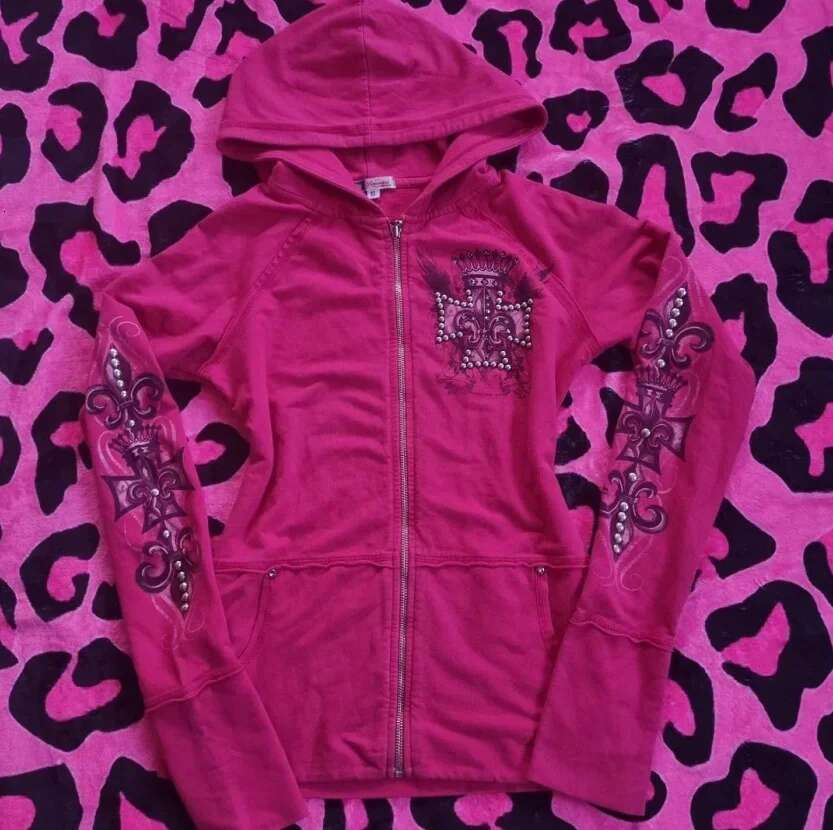 Gothic street Haruku exquisite dia print zipper hooded for women retro casual design y2k style slim cardigan jacket