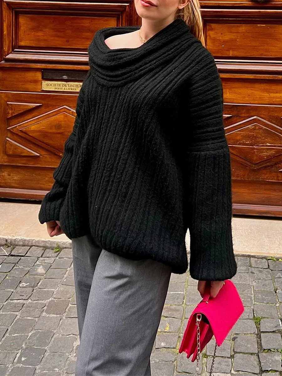 Womens Oversize Knit Sweater Fall Winter Solid Color Slim Long Sleeve Boat Neck Off Shoulder Pullovers Casual Jumpers Streewear 250210