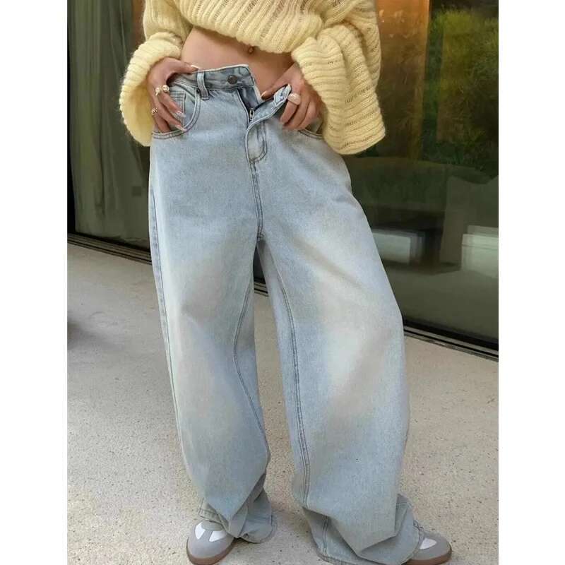 Blue Jeans Women High Waist American Plus Size Wide Leg Vintage Straight Baggy Casual Denim Trousers Mom Oversize Pants