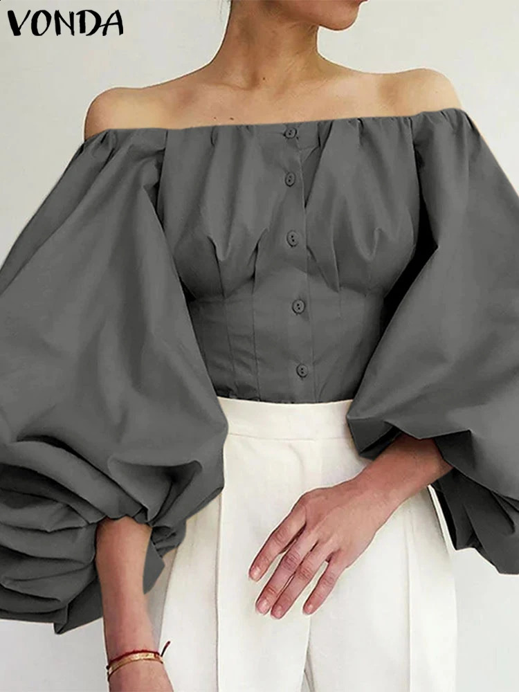Plus Size Elegant Women Blouse VONDA Casual Lantern Long Sleeve Blouses Solid Off The Shoulder Shirts Fashion Commuting Tops 250210