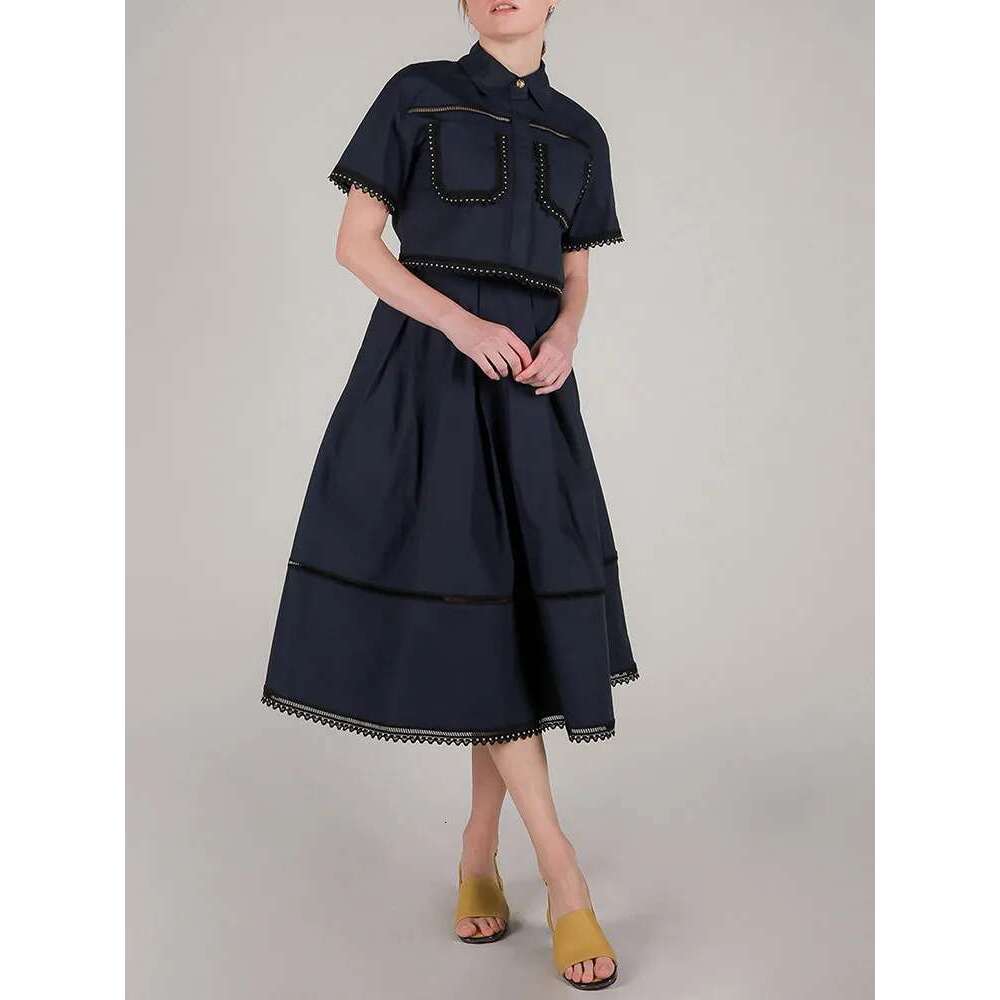 Casual Two Piece Set For Women Lapel Short Sleeve Top High Waist A E Skirt Minimalist Sets Female Fashion New