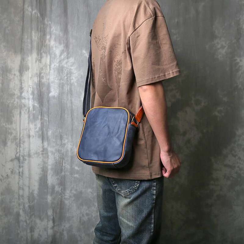 Genuine Leather Shoulder For Men's Casual Commuting Crossbody Frosted Cowhide Retro Style Contrasting Small Quare Bag