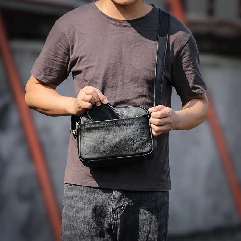 LUOKIR Men's Genuine Leather Crossbody Casual Shoulder Bag Simple First Layer Cowhide Small Bags For 8 Inch Ipad