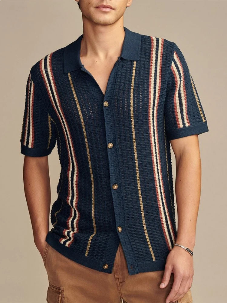 Mens Knitted Shirts Summer Breathable Slim Fit Short Sleeve Knit Casual Shirt Men Vintage Striped Crochet Knitting Shirt 250213