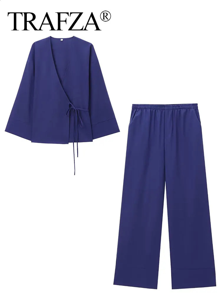 TRAFZA Women Vintage Solid Pajama Style Blouse Pants Sets V Neck Long Sleeve Lace Up Shirt Elastic Waist Trousers Loose Outfit 250213