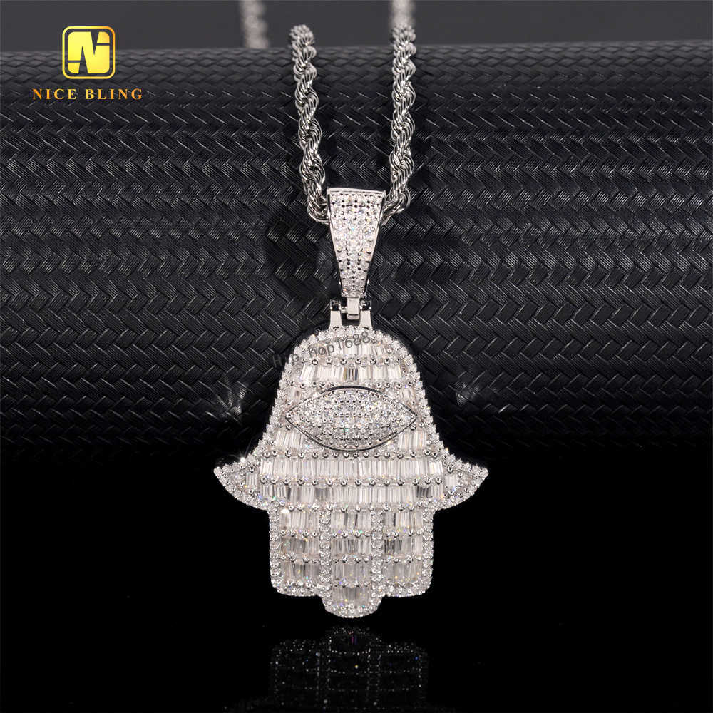 Hamsa Hand Pendant Custom Iced Out Cave Back Fine Hip Hop Jewelry Round Baguette 925 Silver VVS Moissanite Diamond Lucky Pendant