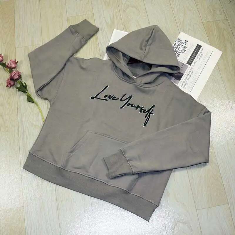 100% cotton gray Hoodie women Embroidered letter long sleeve pockets hooded sweatshirt female 2024 Fall Collection