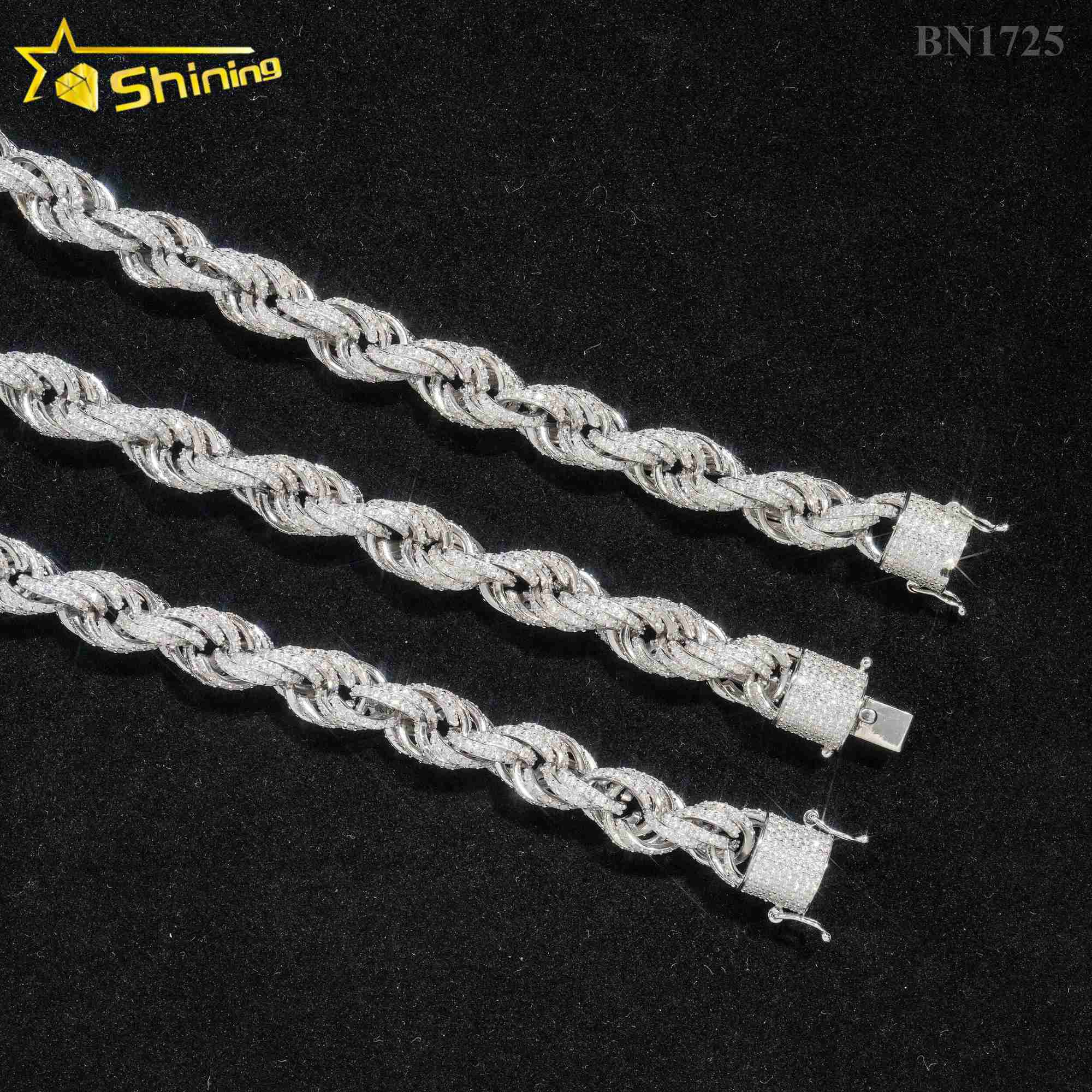 Fine Jewelry Hot Selling 10MM Diamond Cut 925 Silver Hip Hop Necklace Iced Out Moissanite Rope Chain