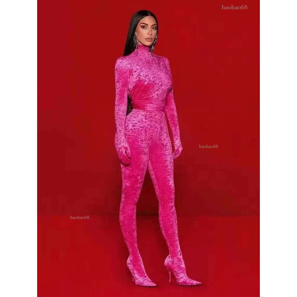 Women s Jumpsuits Rompers Celebrity Fashion Jumpsuit Rosered Color Velvet Women Long Sleeve Sexy Bodycon Full Length Red Carpet Wear 231005