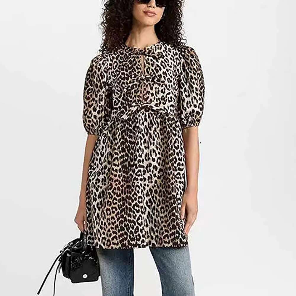 Cotton Women's Y2k Front Tie Leopard Print Fashion Temperament Commuter Bubble Sleeve Dress 2025 Early Fall New