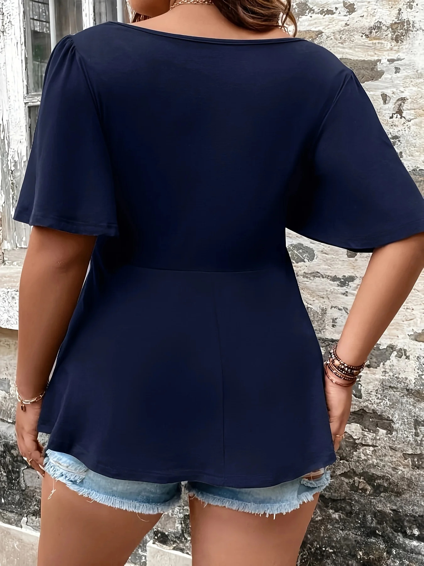 Plus Size Summer European and American Style Shirt for Women Casual Cute Solid Ruffle Neck Curve Clothing Tops 250210