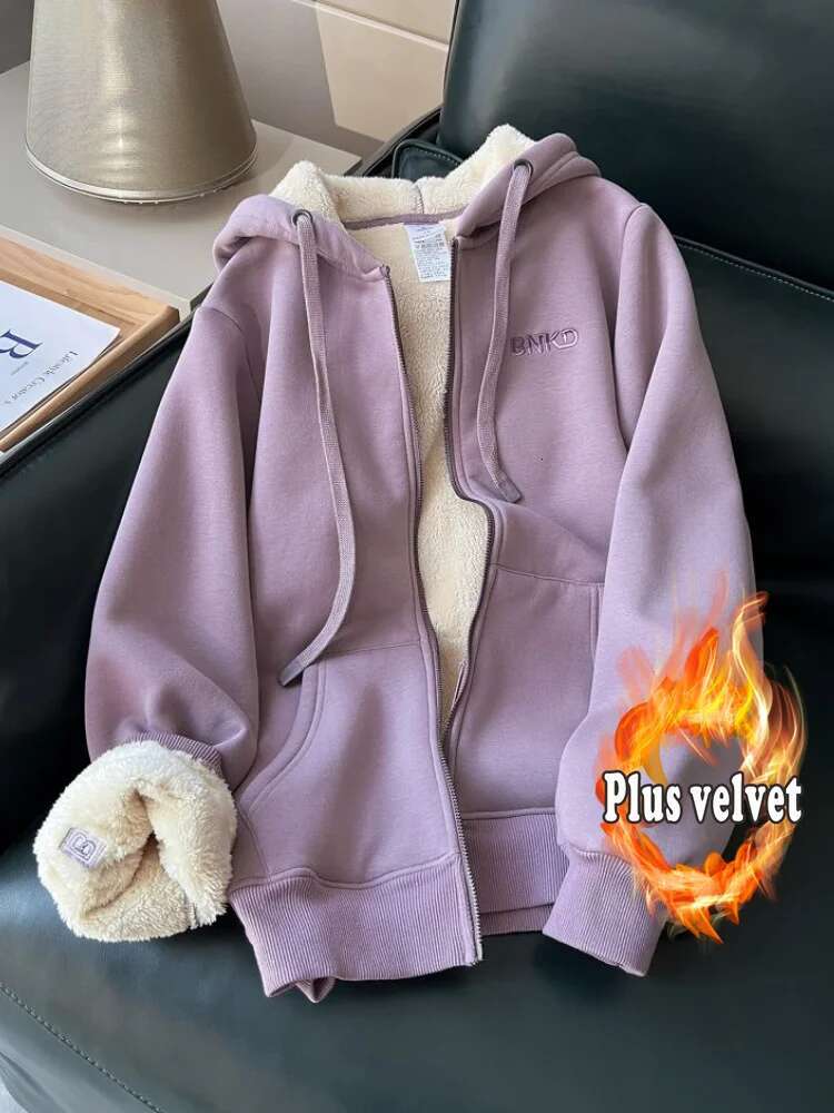 Hooded Sweater for Women 2024 Autumn and Winter New Fleece-ed Thick Loose Versatile Casual Zipper Cardigan Outerwear