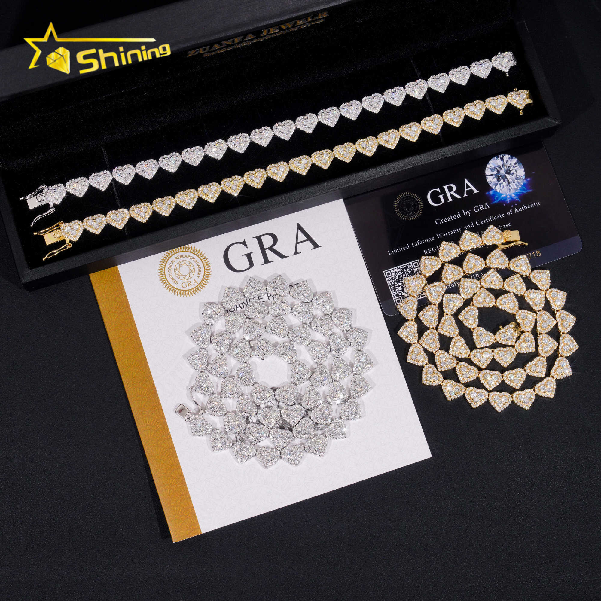 Fast delivery Heart design 925 sterling silver pass diamond tester GRA certified VVS moissanite Heart Cluster bracelet chain