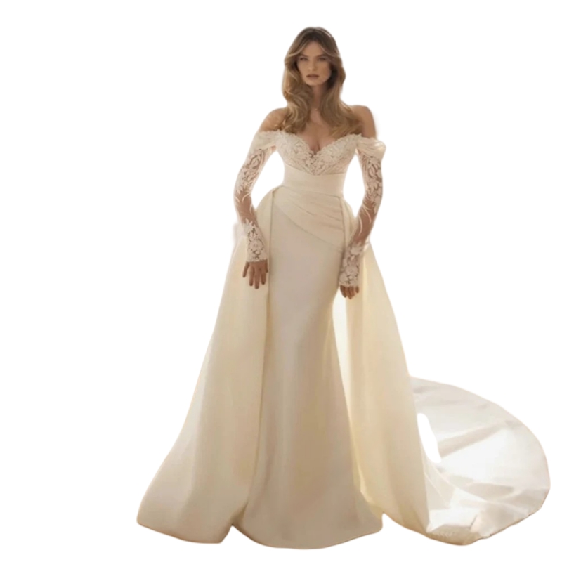 Long Sleeves Ivory Mermaid Wedding Dresses Empire Waist Lace Long Sleeves Off The Shoulder Elegant Bridal Gown With Detachable Train 2025 Vestido De N
