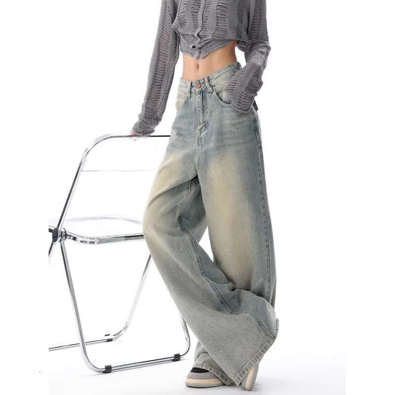 Y2k Blue Jeans For Women Quality High Waist American Street Wide Leg Pants Hip Hop Vintage Straight 2025 Autumn Trousers