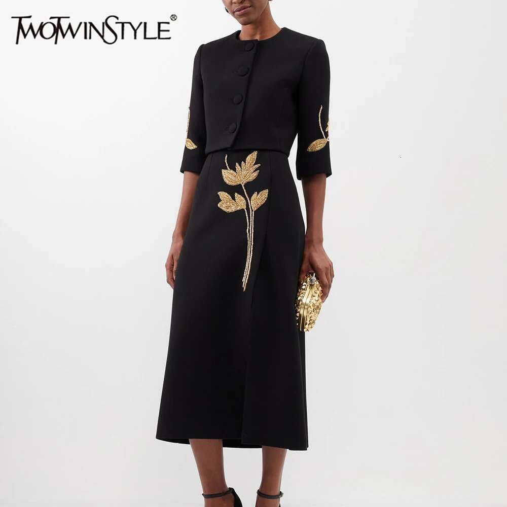 Colorblock Chic Two Piece Sets For Women O Neck Half Sleeve Coat High Waist Skirt Elegant Set Female Fashion Style