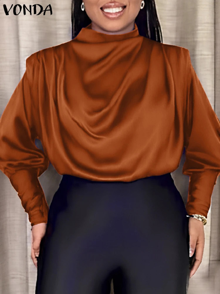 Plus Size VONDA Elegant Ruffled Blouse Fashion Shirts Women Casual Lantern Long Sleeve Tops Stand Collar Solid Color Blouses 250210