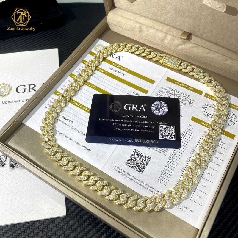 Fine Jewelry Gold Plated 925 Silver 2 Rows Vvs Moissanite Diamond Mens Hip Hop Iced Out Miami Cuban Link Chain Necklace