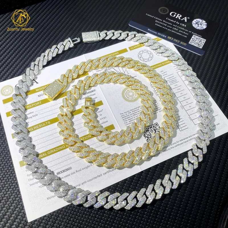 Fine Jewelry Gold Plated 925 Silver 2 Rows Vvs Moissanite Diamond Mens Hip Hop Iced Out Miami Cuban Link Chain Necklace