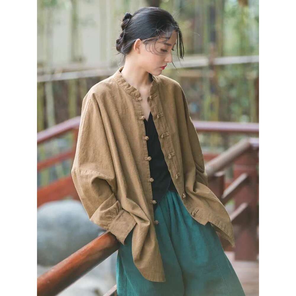 Johnature Women Chinese Style En And Tops Stand Long Sleeve Blouses 2024 Spring New Solid Color Button Vintage Shirts