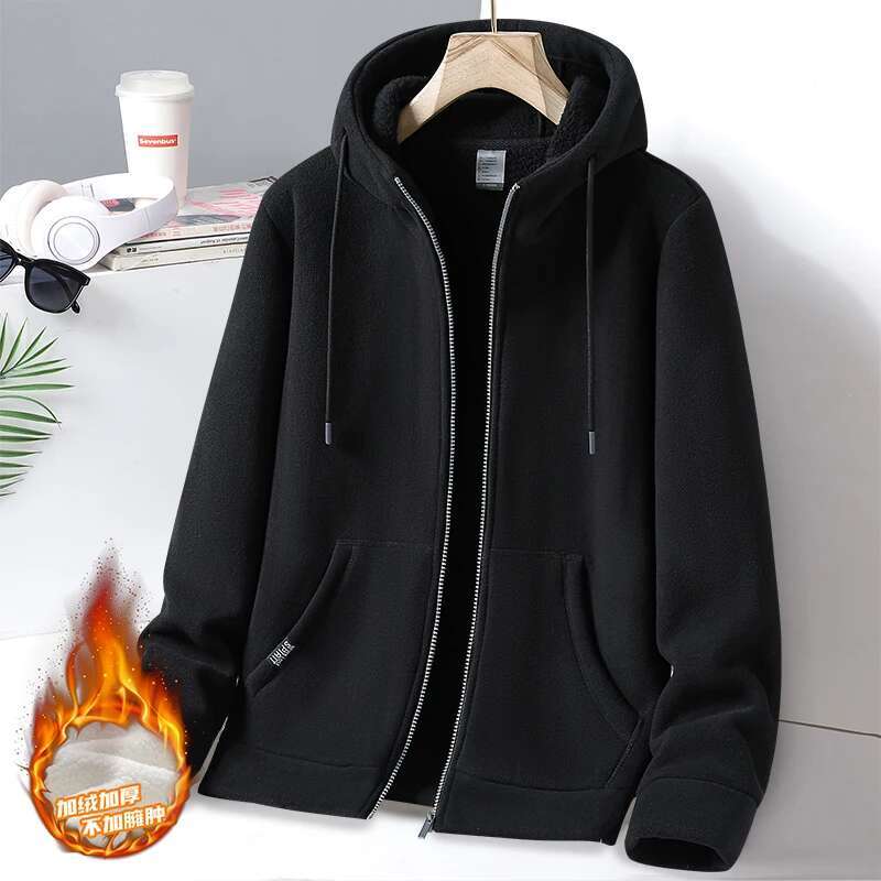 Men's Winter Fleece Fashionable Plush Thick Hooded Drawstring Zipper Pocket Solid Color Loose Commuting Comfortable Jacket Top