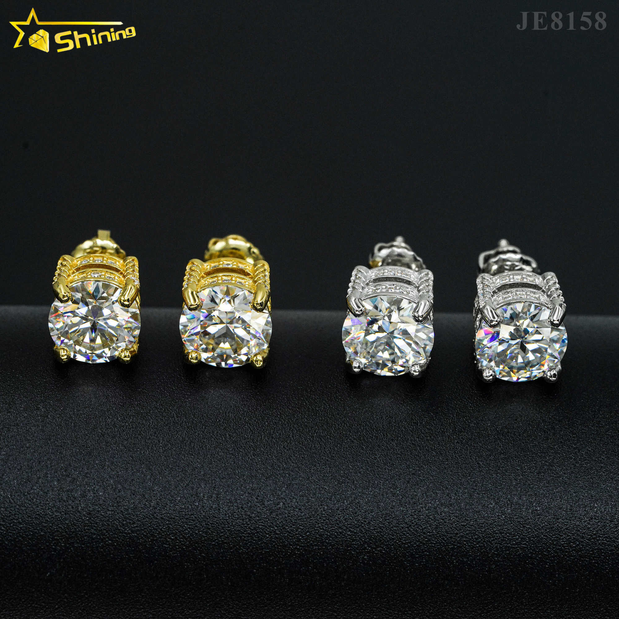 New arrival moissanite earrings 18k gold plated silver jewelry full round side stones screw back stud earrings