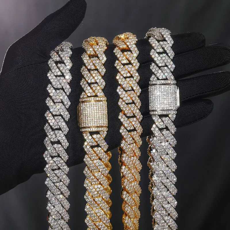 Dropshipping Big Gug Gold Plated 925 Sterling Silver 2 Rows Vvs Moissanite Diamond Miami Cuban Link Chain Necklace for Men