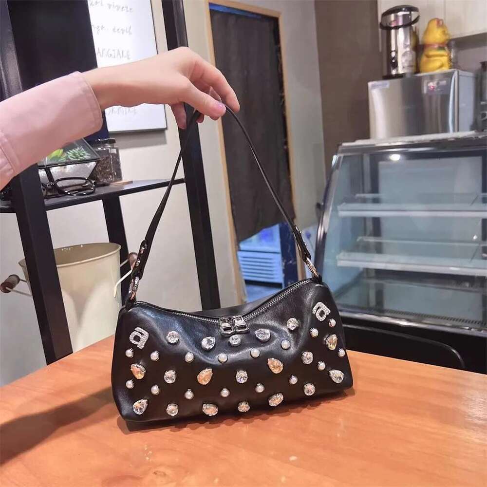 Pearl Beaded Textured Leather Pillow Fashion Women's Handbag Crystal Dias Shoulder Messenger Lady Purse Casual Bag