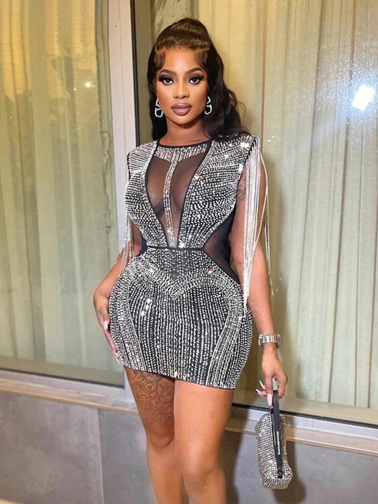 Weird Puss Mesh Patchwork Women Dress Chic Dias Tassel Sleeveless Slim Bag Hip Elastic Sexy Streetwear Nightclub Partywear