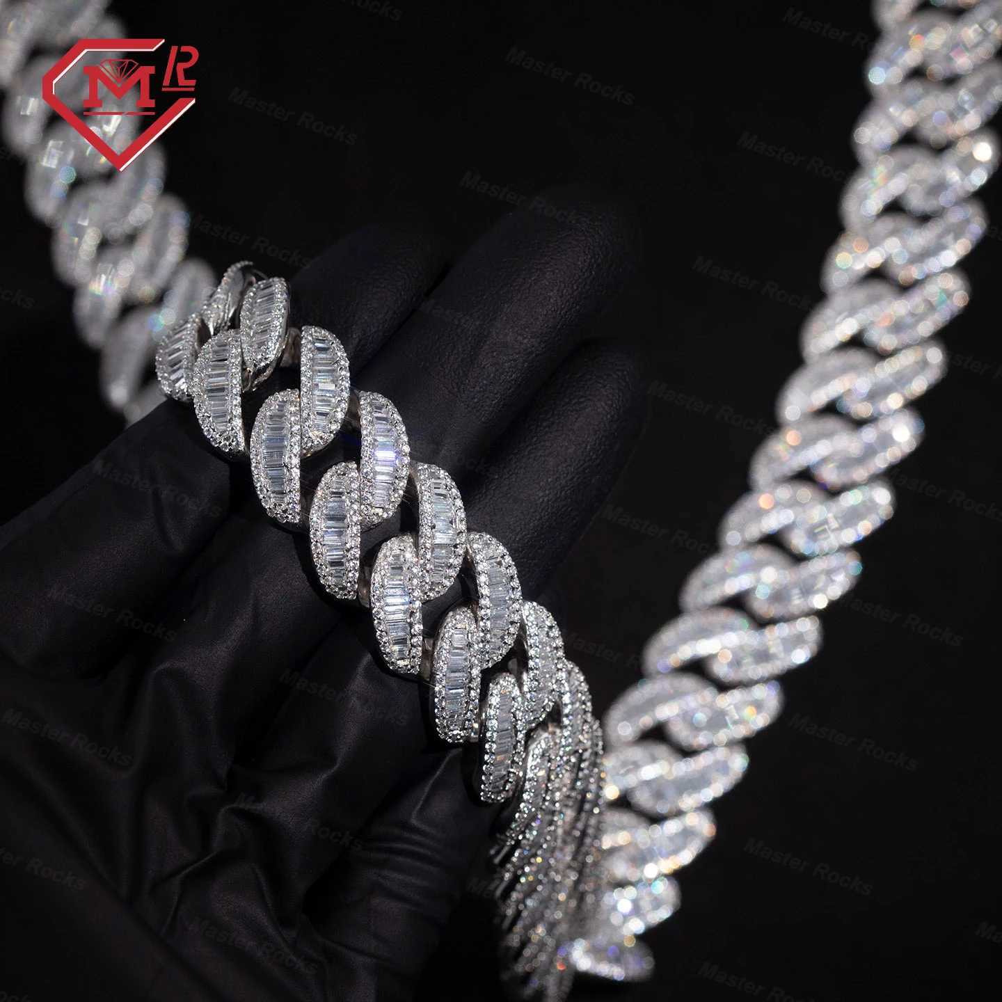 Iced Out Miami Cuban Link Chain Solid Silver 925 Men Hip Hop Bling 15mm Vvs1 D Moissanite Chain Baguette