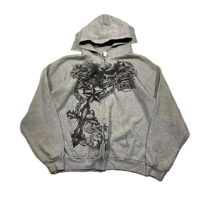 American New Haruku Gothic Vintage Oversized Skull Print Hoodie Women Y2K High Street Hiphop Popular Casual Sweater Sweatshirt